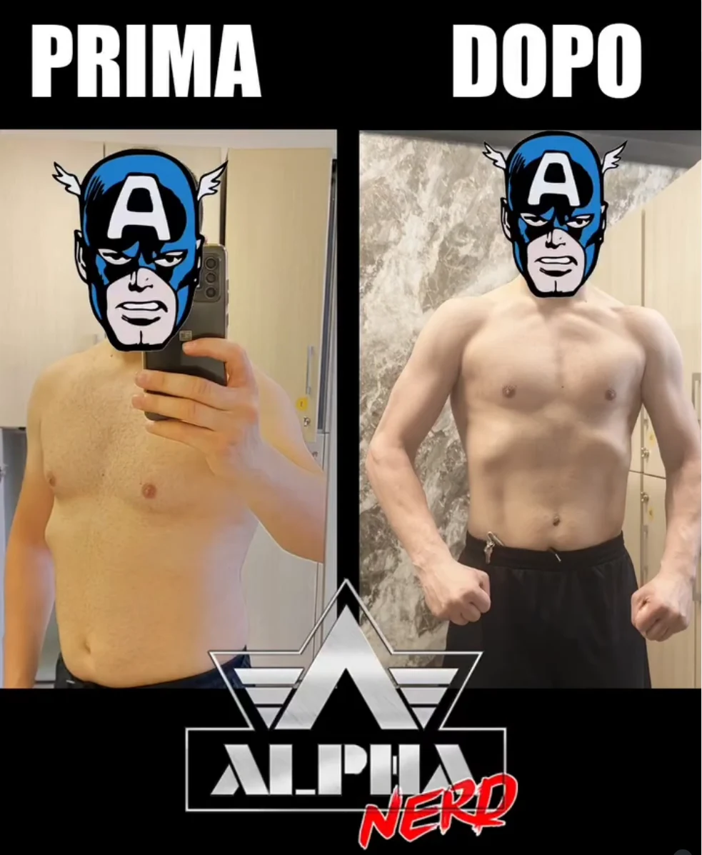 Confronto prima e dopo del percorso di allenamento di Luca, con il volto coperto